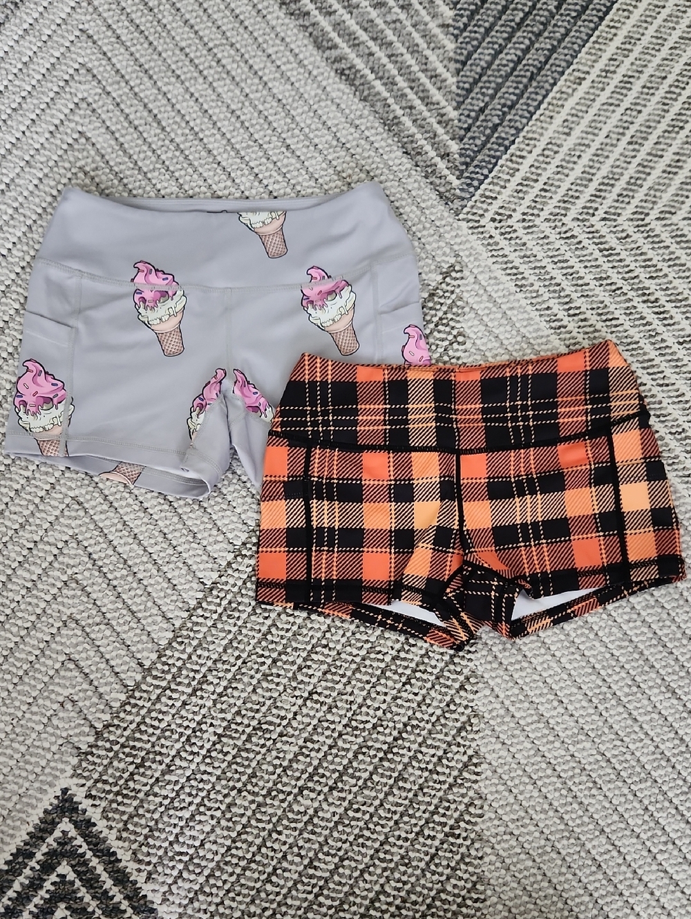 Feed Me Fight Me Gray Ice Cream Skull Print Shorts & Orange Plaid Active Shorts